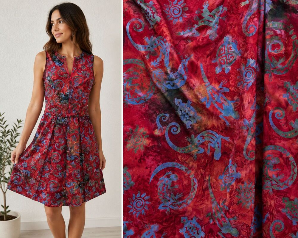 Handmade Batik Gecko Lizard Print Fit & Flare Dress Sleeveless Artsy Boho Size S